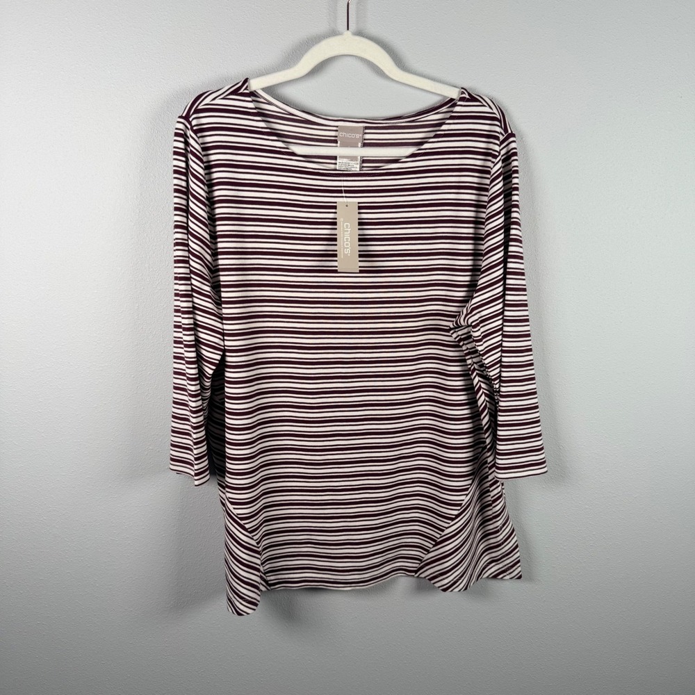Chicos Mixed Stripe Ponte Knit Top 3/4 Sleeve Deep Merlot White Size 3 XL NWT